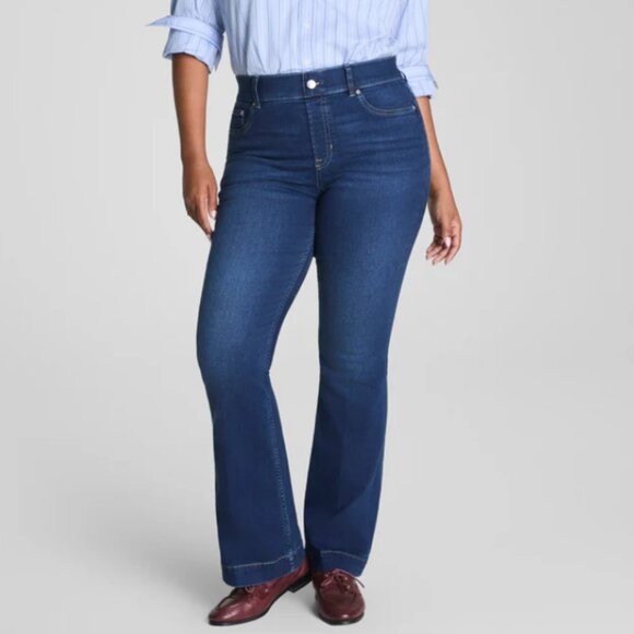 Spanx Flare Jeans High Rise Pull On Cotton Blend Size 14 Midnight Shade - Picture 1 of 16
